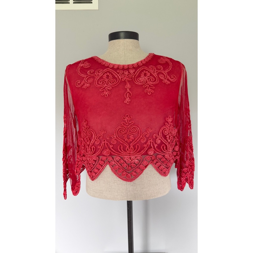 Pretty Angel Red Mesh Soutache Embroidered Scalloped Crop Top NWT Size M